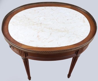 ANTIQUE WOOD MARBLE TOP TABLE W/ DRAWERS