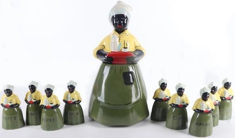 ANTIQUE LUZIANNE MAMMY COOKIE JAR & SPICE SET