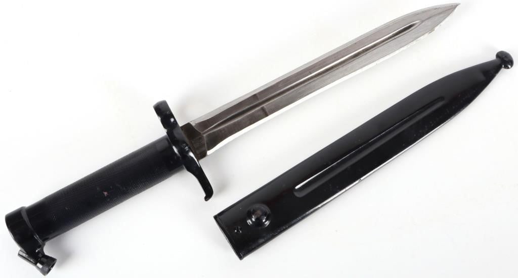MAUSER BAYONET & SCABBARD PRE-WWI W/ UNIT MARKINGS: Swedish army M1896 Mauser Bayonet and scabbard from before WWI. Features original unit markings and crown.Size: 14" X 3" X 1.5"Condition: Scuffs along the scabbard and handle, minor scratches on the b