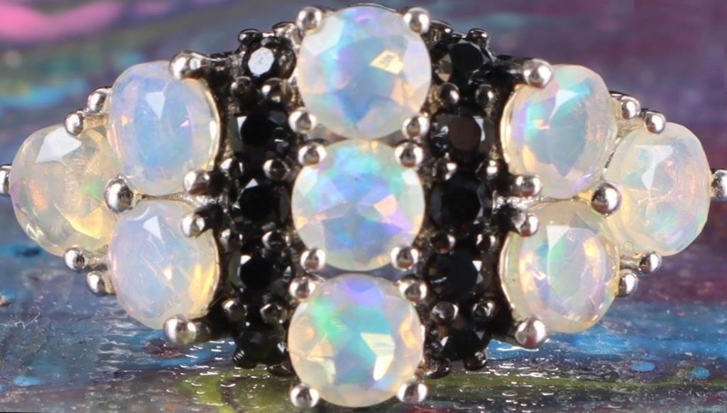 ETHIOPIAN OPAL AND BLACK ONYX LADIES CLUSTER RING (1 of 5)