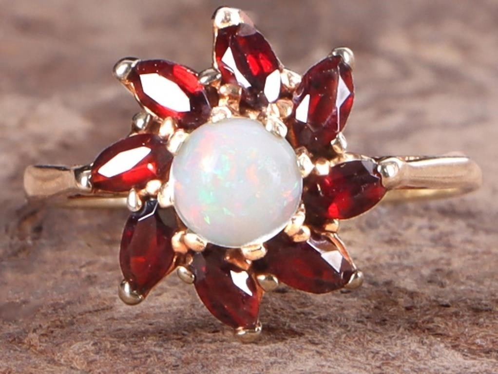 10K YELLOW GOLD OPAL & GARNET FLOWER LADIES RING (1 of 4)