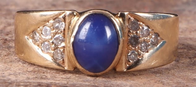 14K YELLOW GOLD RING W POLISHED SAPPH & DIAMONDS