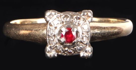 VINTAGE 14K RUBY & DIAMOND HALO LADIES RING