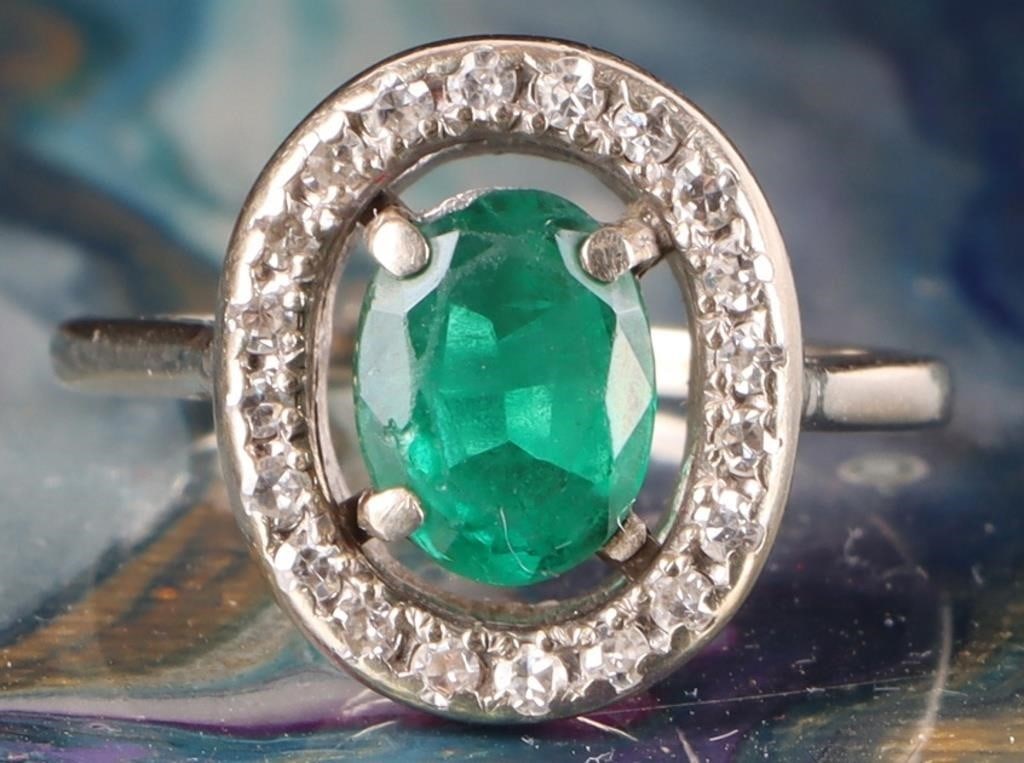 14K WHITE GOLD GREEN SPINEL DIAMOND LADIES RING. (1 of 4)