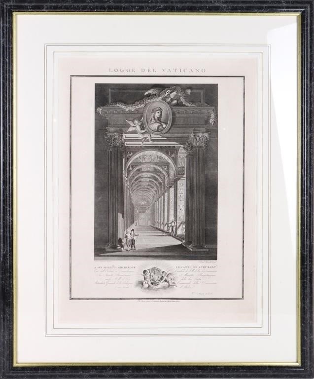 18TH C GIOVANNI VOLPATO LOGGE DEL VATICANO ETCHING: "Logge Del Vaticano" etching by Giovanni Volpato (1735-1803, Venician) circa late 18th C. This etching has been re-printed from the original Loggie de Rafaele nel Vaticano by Giovanni Volpat