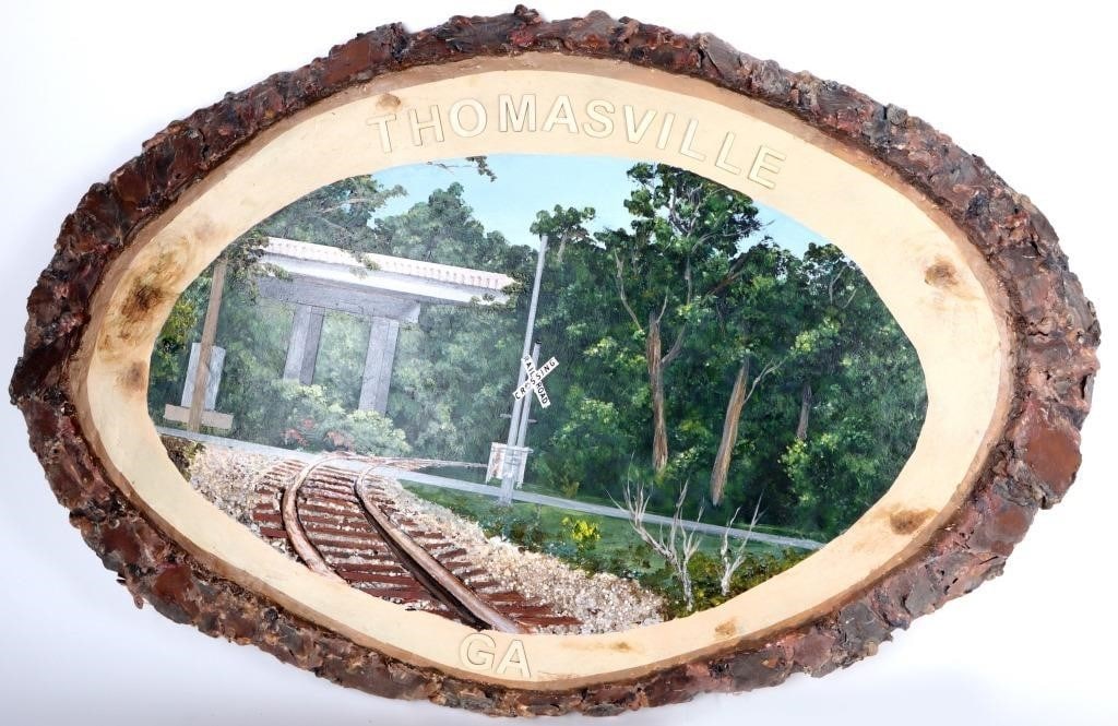 ROCHEZ-LOPEZ ORIGINAL THOMASVILLE GA 3-D PAINTING: Justo Roche-Lopez (Current) original Thomasville Georgia railroad crossing mixed media painting. This beautiful creative work has the illusion of being on a pine slab but is in fact craved from an exp