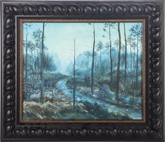 OIL ON BOARD OF A DEEP BLUE AMERICAN FOREST FRAMED