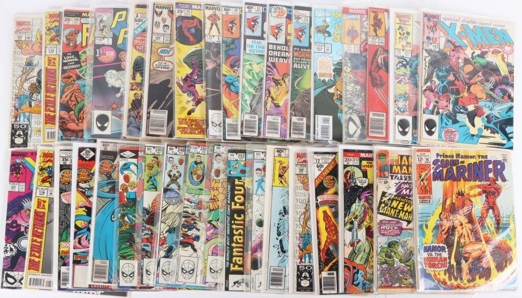 MARVEL MEGA LOT X-MEN DR STRANGE FF SPIDEY (35): Lot of 35 Marvel comics from the Silver, Bronze, and Modern Ages, to include Fantastic Four #149, 194, 201, 213, 246, and 248 - 253, Fantastic Four Annual #12, Sub Mariner #1 (JC Penny's reprint), Sub