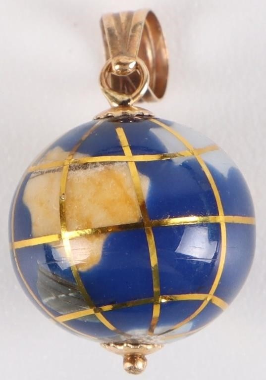 14K YELLOW GOLD LAPIS & MULTI-GEM GLOBE PENDANT: 14k yellow gold lapis and multi-gemstone globe ladies pendant with abalone, mother of pearl, pink quartz, and turquoise. Stone Type: Assorted Weight: 1.06 grams Size: 0.50" lengh Condition: like