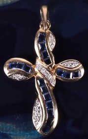 14K YELLOW GOLD SAPPHIRE & DIAMOND CROSS PENDANT