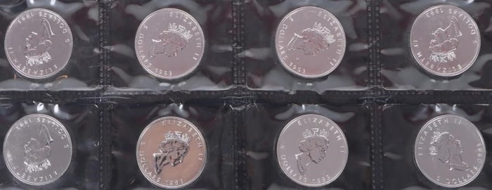FINE SILVER 1 OZT 1993 CANADIAN MAPLE $5 COINS-(8)