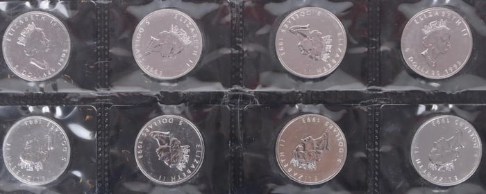 FINE SILVER 1 OZT 1993 CANADIAN MAPLE $5 COINS-(8)