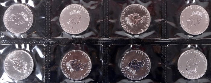 FINE SILVER 1 OZT 1993 CANADIAN MAPLE $5 COINS-(8)