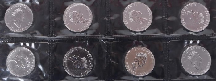 FINE SILVER 1 OZT 1993 CANADIAN MAPLE $5 COINS-(8)