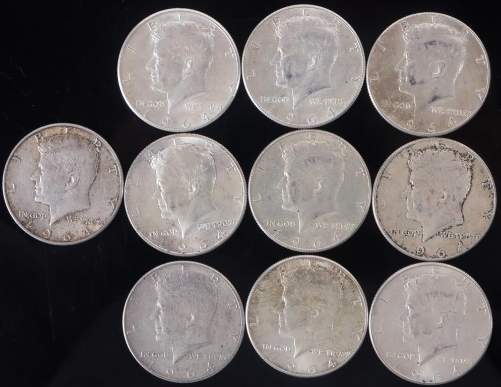 90% SILVER 1964 KENNEDY HALF DOLLARS - (10) (1 of 2)