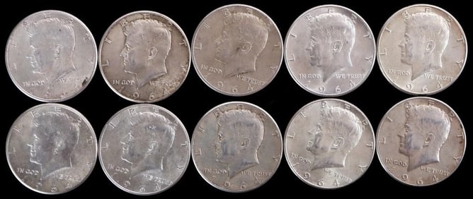 90% SILVER 1964 KENNEDY HALF DOLLARS - (10)