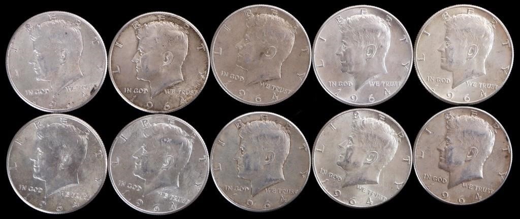 90% SILVER 1964 KENNEDY HALF DOLLARS - (10) (1 of 4)