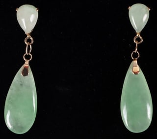14K YELLOW GOLD LADIES EARRINGS W/ SPINACH JADE