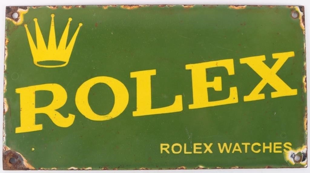 VINTAGE ROLEX WATCHES METAL ADVERTISING SIGN: Vintage Rolex watches metal gas station advertising sign. Size: 11 X 6" Condition: Rusted around the edge with lightly chipped paint, see pictures for more detail.