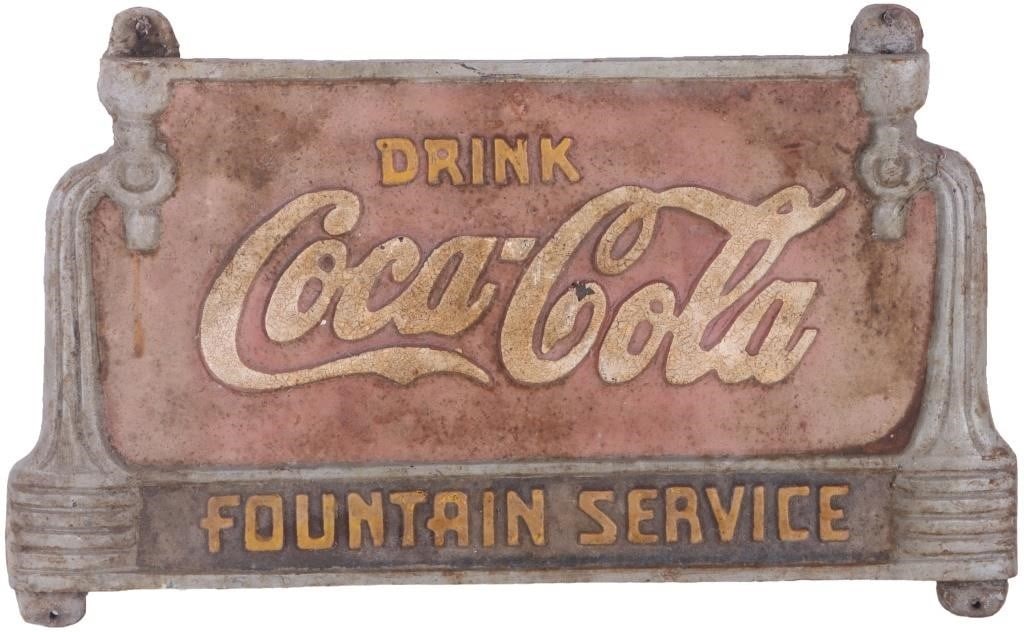 1930'S COCA-COLA CAST IRON BENCH SIGN: 1930's Coca-Cola cast iron bench sign which reads "Drink Coca-Cola - Fountain Service". Size: 20 X 12.5" Condition: See pictures.