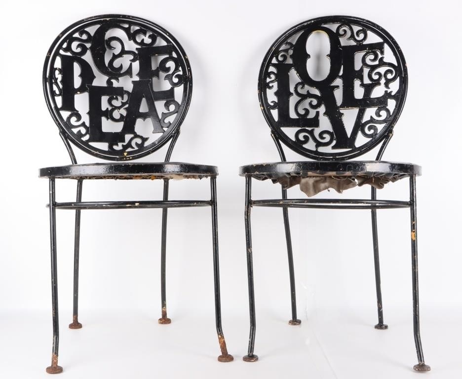 ARTHUR UMANOFF LOVE PEACE CHAIRS MIDCENTURY MODERN: Lot of two 1960's Mid Century Modern Arthur Umanoff wrought iron chairs with the word "Love" playfully arranged on the back of one and "Peace" arranged on the back of the other. Th