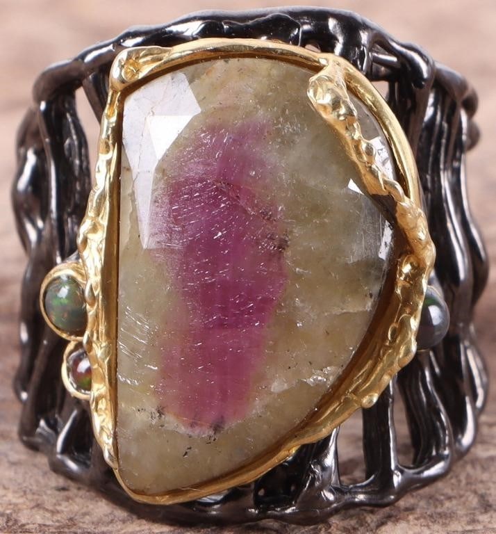 STERLING SILVER RUBY ZOISITE OPAL LADIES RING (1 of 4)
