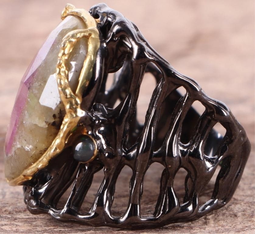 STERLING SILVER RUBY ZOISITE OPAL LADIES RING - 2