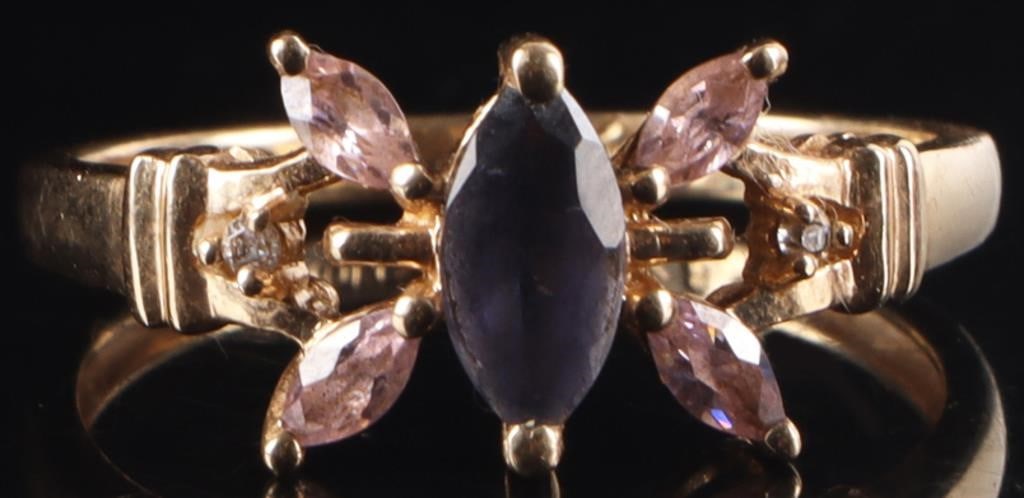 10K YELLOW GOLD LADIES RING W/ IOLITE & RHINESTNS (1 of 3)