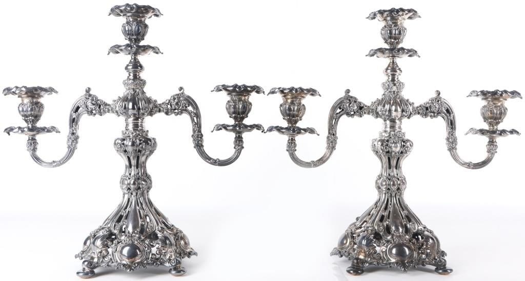 REED & BARTON 800 3-CANDELABRA SILVERPLATE PAIR: Pair of Reed and Barton 800 silverplate three-candle candelabras in a Renaissance style. A perfect way to add refined overtones to dinners or otherwise any living area.Weight: 5.3 lbs each, 10.6 lbs t
