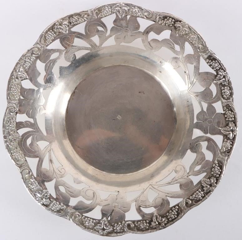 80% SILVER CARVED FLORAL REPOUSSE DISH (1 of 6)
