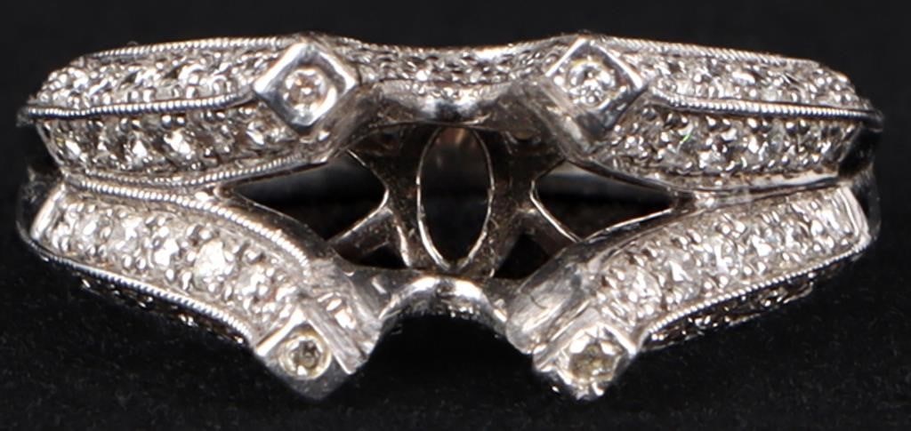 18K WHITE GOLD LADIES RING W/ DIAMONDS NO SETTING: 18k white gold ladies ring with 92 accessory diamonds studding the shoulders. While there is no setting, piece would be perfect for an approximately 1.5ct round brilliant diamond.Stone Type: