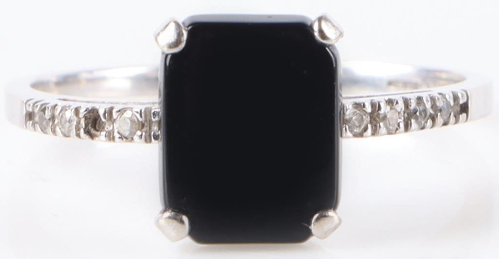 14K WHITE GOLD MENS RING W/ ONYX SLAB & RHINESTNS (1 of 4)