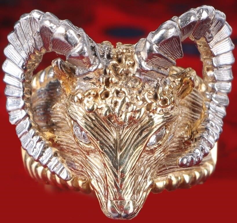 14K GOLD MEN'S RAM'S HEAD RING W/ DIAMOND EYES (1 of 7)