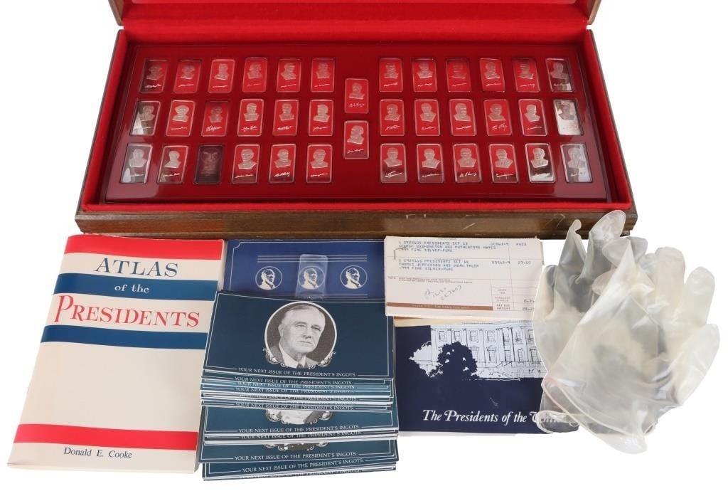 HAMILTON MINT AMERICAN PRESIDENTS INGOT SET: This American Presidents 38-ingots Set was produced in a limited edition, minted by Hamilton Mint.. Each 1 oz proof finished ingot was minted in .999 Fine Silver. The ingots were struck in bas-relief