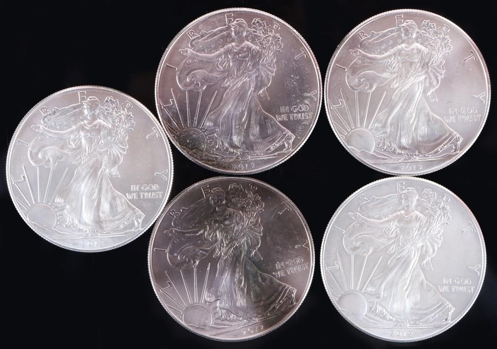 FINE SILVER 2012 AMERICAN EAGLE BULLION COINS -(5) (1 of 2)