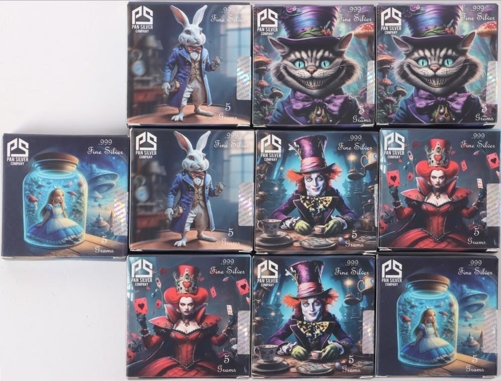 FINE SILVER PAN ALICE IN WONDERLAND 5 GRAM SET-(2): Fine silver Pan Silver Company Alice In Wonderland two complete sets. Each set includes 5 five gram figurines of notable characters in Alice in Wonderland.Weight: 50.00 GramsCondition: Mint State