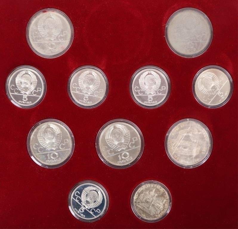 90% SILVER MOSCOW OLYMPICS 1980 PROOF COIN SET: 90% silver Moscow Olympics 1980 Proof coin set to include fourteen 90% silver 1980 five ruble coins and thirteen 90% silver 1980 ten ruble coins. One 10 ruble coin missing from the complete 28 coin