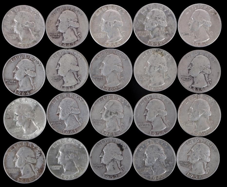 LOT OF TWENTY 90% SILVER WASHINGTON QUARTERS: Lot of twenty 90% silver Washington quarters.Weight: 125.00 GramsCondition: Ranges from Good to Very Fine.
