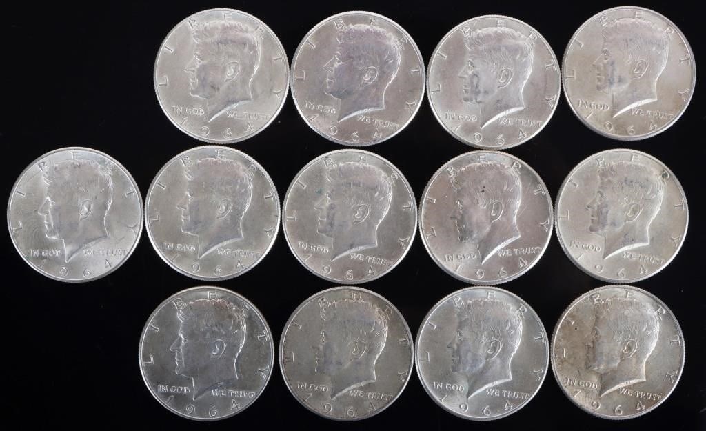 ASSORTED 90% SILVER 1964 KENNEDY HALF DOLLARS-(13): Twelve assorted 90% silver 1964 Kennedy Half Dollars.Weight: 162.50 GramsCondition: Around Extremely Fine to Almost Uncirculated.