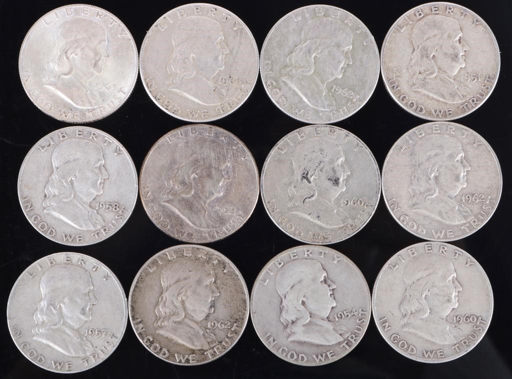 ASSORTED 90% SILVER BEN FRANKLIN HALF DOLLARS-(12) (1 of 2)