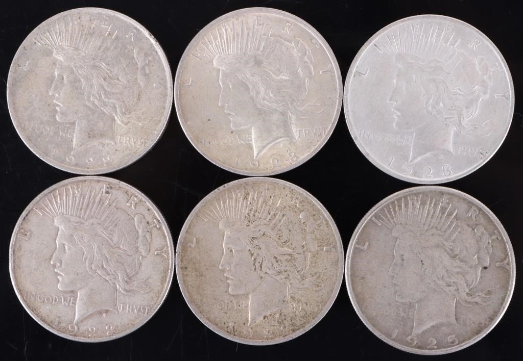 ASSORTED 90% SILVER LIBERTY PEACE DOLLARS - (6): Six assorted 90% silver Liberty Peace Dollars.Weight: 160.38 GramsCondition: Ranging from Fine to Almost Uncirculated.