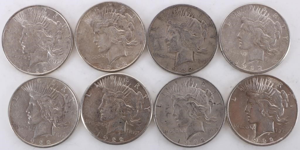 ASSORTED 90% SILVER LIBERTY PEACE DOLLARS - (8): Eight assorted 90% silver Liberty Peace Dollars.Weight: 213.84 GramsCondition: Ranging from Very Good to Almost Uncirculated.