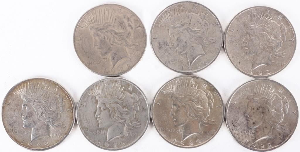 ASSORTED 90% SILVER LIBERTY PEACE DOLLARS - (8): Eight assorted 90% silver Liberty Peace Dollars.Weight: 213.84 GramsCondition: Ranging from Fine to Mint State uncirculated.