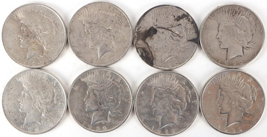 ASSORTED 90% SILVER LIBERTY PEACE DOLLARS - (8): Eight assorted 90% silver Liberty Peace Dollars.Weight: 213.84 GramsCondition: Ranging from Very Fine to Almost Uncirculated.