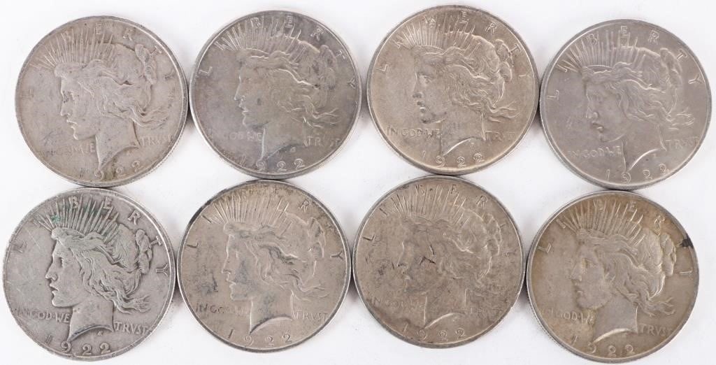 ASSORTED 90% SILVER LIBERTY PEACE DOLLARS - (8): Eight assorted 90% silver Liberty Peace Dollars.Weight: 213.84 GramsCondition: Ranging from Fine to Mint State uncirculated.