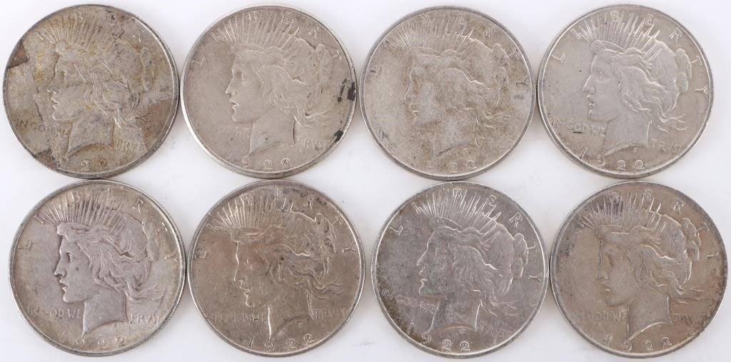 ASSORTED 90% SILVER LIBERTY PEACE DOLLARS - (8): Eight assorted 90% silver Liberty Peace Dollars.Weight: 213.84 GramsCondition: Ranging from Fine to Mint State uncirculated.