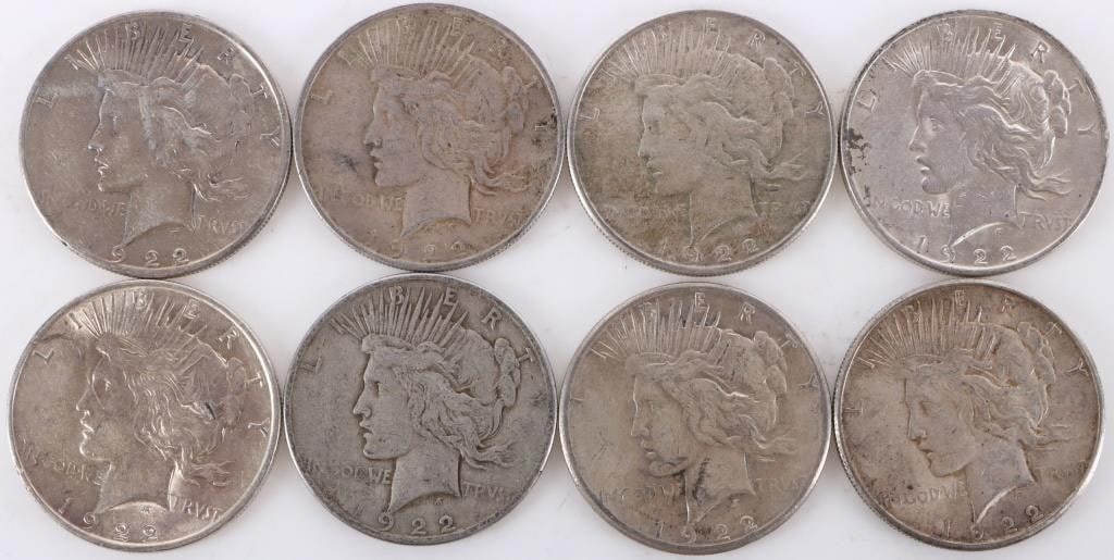 ASSORTED 90% SILVER LIBERTY PEACE DOLLARS - (8): Eight assorted 90% silver Liberty Peace Dollars.Weight: 213.84 GramsCondition: Ranging from Fine to Mint State uncirculated.