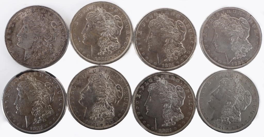 ASSORTED 90% SILVER MORGAN DOLLARS - (8): Eight assorted 90% silver Morgan Dollars.Weight: 213.84 GramsCondition: Ranging from Extremely Fine to Mint State uncirculated.