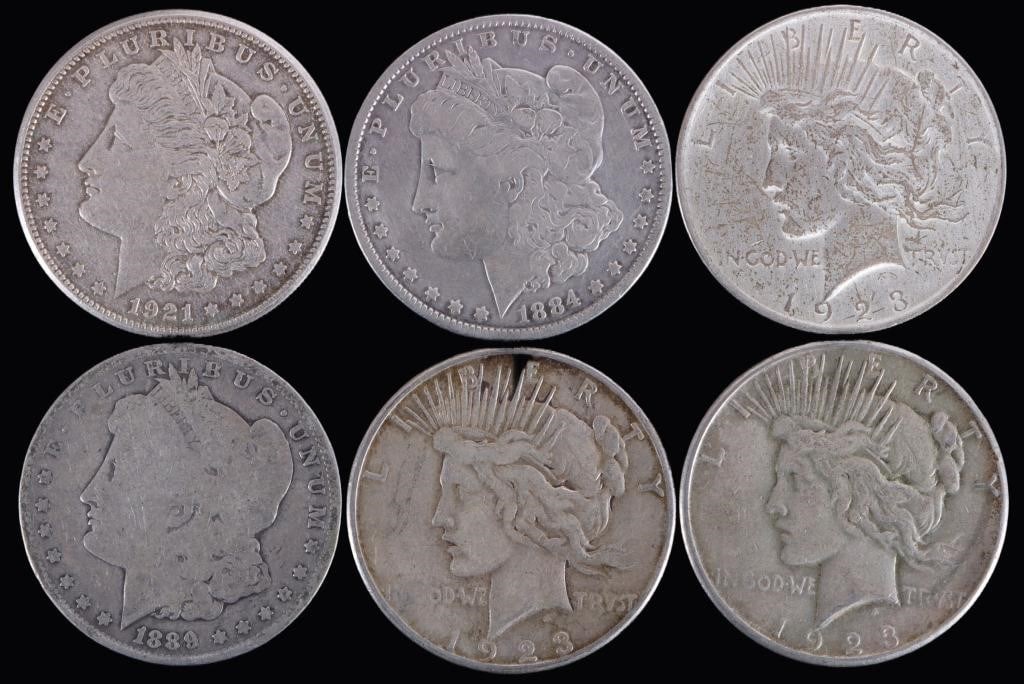 ASSORTED 90% SILVER MORGAN/ PEACE DOLLARS - (6): Six assorted 90% silver Morgan/ Peace Dollars.Weight: 160.38 GramsCondition: Ranges from Good to Extremely Fine.