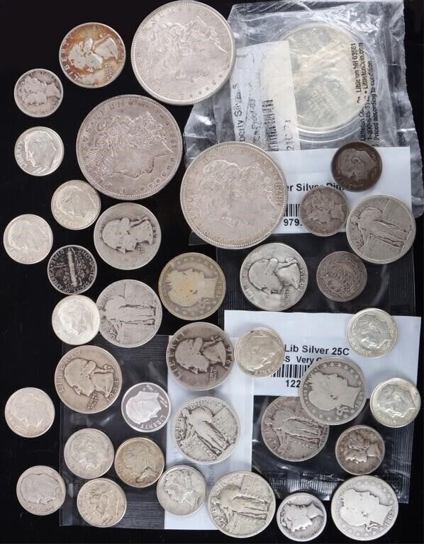 ASSORTED 90% SILVER U.S. COINAGE - (38): Assorted 90% silver U.S. coinage to include three Morgan Dollars, one 1986S Statue of Liberty PF Dollar, three Barber Quarters, five Standing Liberty Quarters, five silver Washington Quarters, six